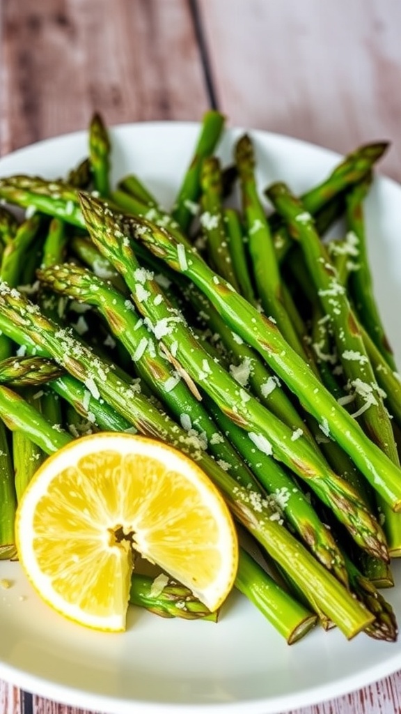 Crispy air fryer asparagus garnished with vegan parmesan and lemon on a wooden table.
